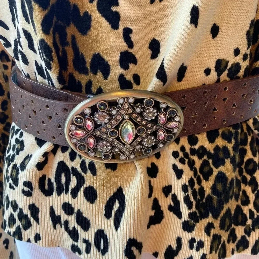 Beautiful Rhine Stones Faux Leather Belt Women Size 1 32.5”